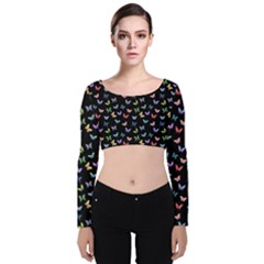 Bright And Beautiful Butterflies Velvet Long Sleeve Crop Top by SychEva