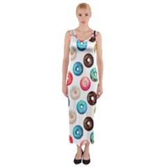 Delicious Multicolored Donuts On White Background Fitted Maxi Dress