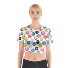 Delicious Multicolored Donuts On White Background Cotton Crop Top by SychEva