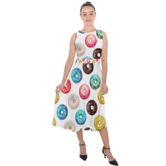 Delicious Multicolored Donuts On White Background Midi Tie-Back Chiffon Dress