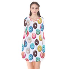 Delicious Multicolored Donuts On White Background Long Sleeve V-neck Flare Dress by SychEva