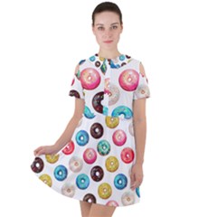 Delicious Multicolored Donuts On White Background Short Sleeve Shoulder Cut Out Dress  by SychEva