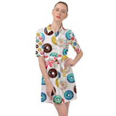 Delicious Multicolored Donuts On White Background Belted Shirt Dress by SychEva
