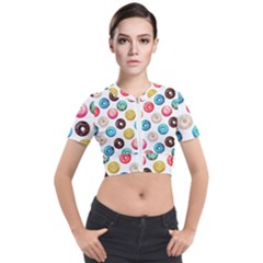 Delicious Multicolored Donuts On White Background Short Sleeve Cropped Jacket by SychEva