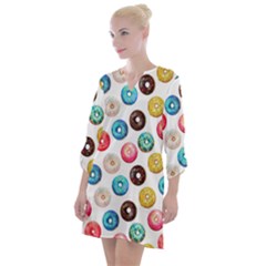 Delicious Multicolored Donuts On White Background Open Neck Shift Dress