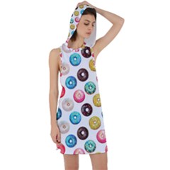 Delicious Multicolored Donuts On White Background Racer Back Hoodie Dress by SychEva