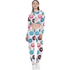 Delicious Multicolored Donuts On White Background Cropped Zip Up Lounge Set