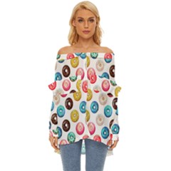 Delicious Multicolored Donuts On White Background Off Shoulder Chiffon Pocket Shirt by SychEva