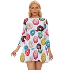 Delicious Multicolored Donuts On White Background Long Sleeve Babydoll Dress by SychEva