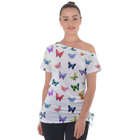 Cute Bright Butterflies Hover In The Air Off Shoulder Tie-up Tee by SychEva