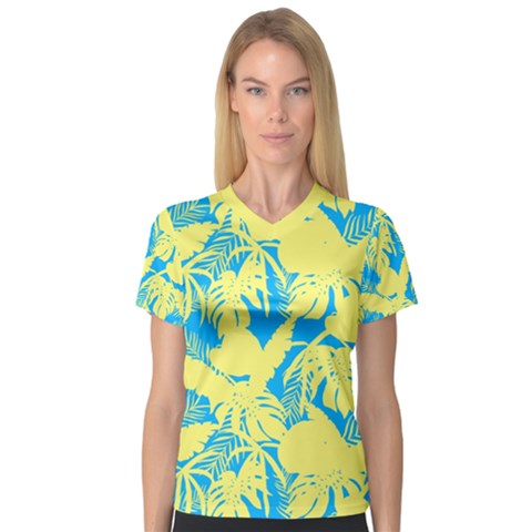 Yellow And Blue Leafs Silhouette At Sky Blue V-neck Sport Mesh Tee by Casemiro