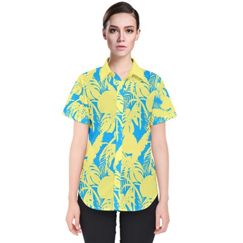 Yellow And Blue Leafs Silhouette At Sky Blue Women s Short Sleeve Shirt by Casemiro