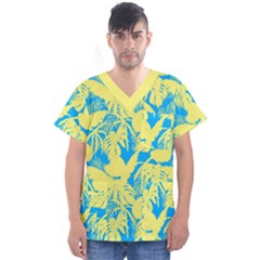 Yellow And Blue Leafs Silhouette At Sky Blue Men s V-neck Scrub Top