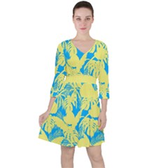 Yellow And Blue Leafs Silhouette At Sky Blue Quarter Sleeve Ruffle Waist Dress by Casemiro