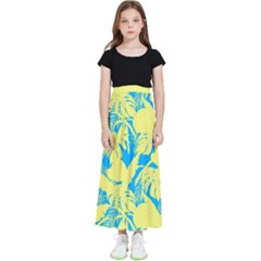 Yellow And Blue Leafs Silhouette At Sky Blue Kids  Flared Maxi Skirt by Casemiro