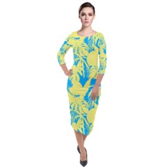 Yellow And Blue Leafs Silhouette At Sky Blue Quarter Sleeve Midi Velour Bodycon Dress