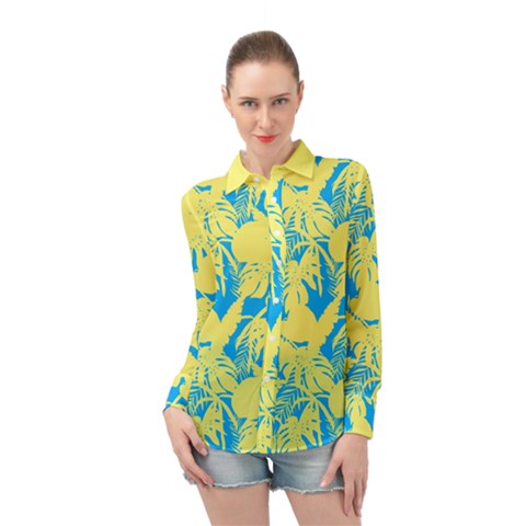 Yellow And Blue Leafs Silhouette At Sky Blue Long Sleeve Chiffon Shirt by Casemiro