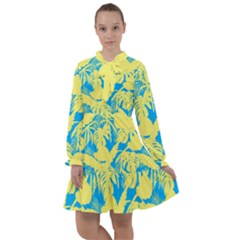 Yellow And Blue Leafs Silhouette At Sky Blue All Frills Chiffon Dress