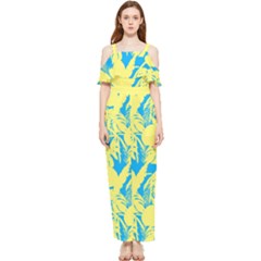 Yellow And Blue Leafs Silhouette At Sky Blue Draped Sleeveless Chiffon Jumpsuit