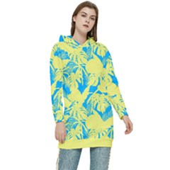 Yellow And Blue Leafs Silhouette At Sky Blue Women s Long Oversized Pullover Hoodie