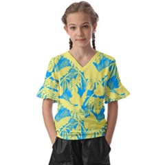 Yellow And Blue Leafs Silhouette At Sky Blue Kids  V-neck Horn Sleeve Blouse by Casemiro