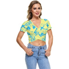 Yellow And Blue Leafs Silhouette At Sky Blue Short Sleeve Foldover Tee by Casemiro