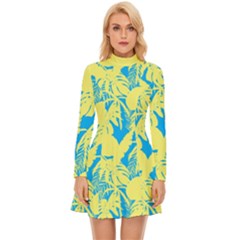 Yellow And Blue Leafs Silhouette At Sky Blue Long Sleeve Velour Longline Dress by Casemiro