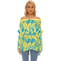 Yellow And Blue Leafs Silhouette At Sky Blue Off Shoulder Chiffon Pocket Shirt by Casemiro