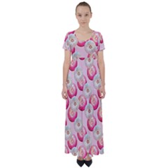 Pink And White Donuts High Waist Short Sleeve Maxi Dress by SychEva