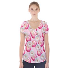 Pink And White Donuts Short Sleeve Front Detail Top by SychEva