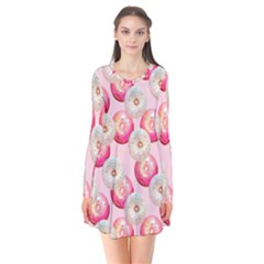 Pink And White Donuts Long Sleeve V-neck Flare Dress by SychEva