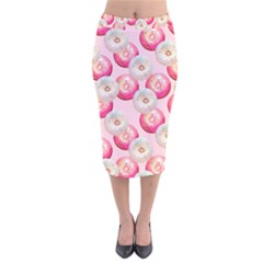 Pink And White Donuts Velvet Midi Pencil Skirt by SychEva