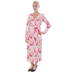 Pink And White Donuts Velvet Maxi Wrap Dress by SychEva