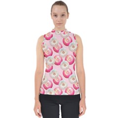 Pink And White Donuts Mock Neck Shell Top by SychEva