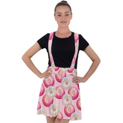 Pink And White Donuts Velvet Suspender Skater Skirt by SychEva