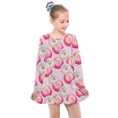 Pink And White Donuts Kids  Long Sleeve Dress by SychEva