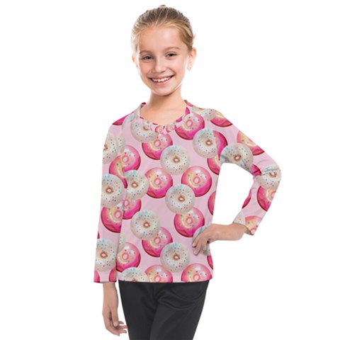 Pink And White Donuts Kids  Long Mesh Tee by SychEva