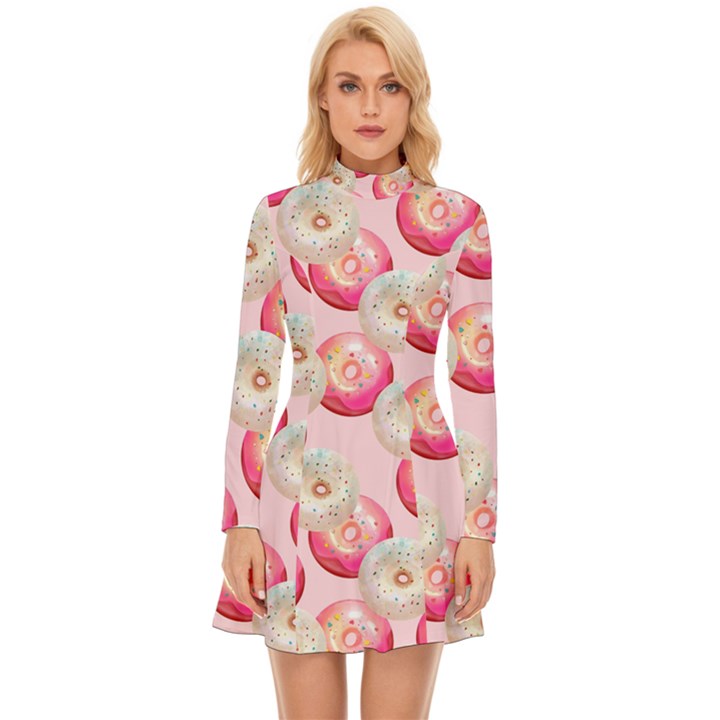 Pink And White Donuts Long Sleeve Velour Longline Dress