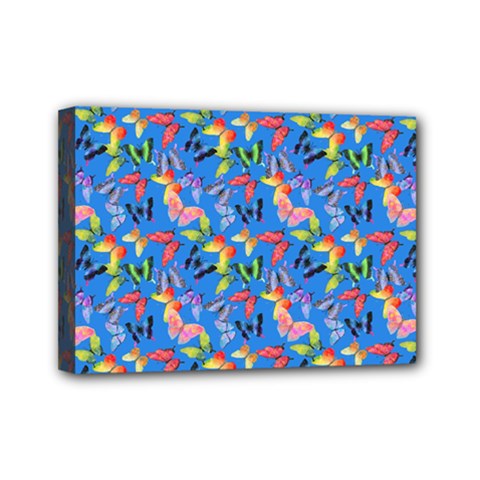 Multicolored Butterflies Fly On A Blue Background Mini Canvas 7  X 5  (stretched) by SychEva