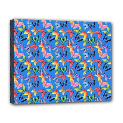 Multicolored Butterflies Fly On A Blue Background Deluxe Canvas 20  X 16  (stretched) by SychEva