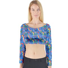 Multicolored Butterflies Fly On A Blue Background Long Sleeve Crop Top by SychEva