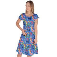 Multicolored Butterflies Fly On A Blue Background Classic Short Sleeve Dress by SychEva