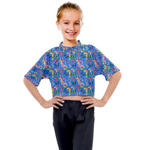 Multicolored Butterflies Fly On A Blue Background Kids Mock Neck Tee by SychEva