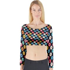 Multicolored Donuts On A Black Background Long Sleeve Crop Top by SychEva