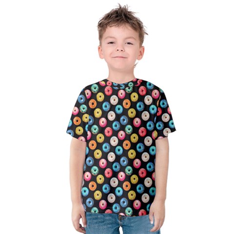 Multicolored Donuts On A Black Background Kids  Cotton Tee by SychEva
