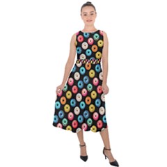 Multicolored Donuts On A Black Background Midi Tie-back Chiffon Dress by SychEva