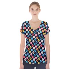 Multicolored Donuts On A Black Background Short Sleeve Front Detail Top by SychEva