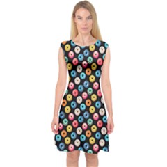 Multicolored Donuts On A Black Background Capsleeve Midi Dress by SychEva