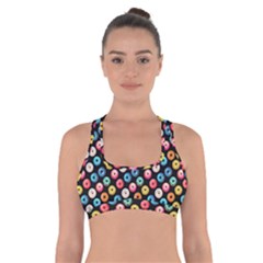 Multicolored Donuts On A Black Background Cross Back Sports Bra by SychEva