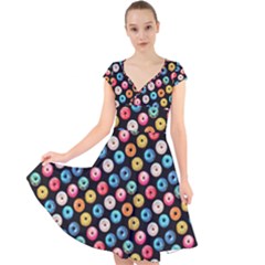 Multicolored Donuts On A Black Background Cap Sleeve Front Wrap Midi Dress by SychEva